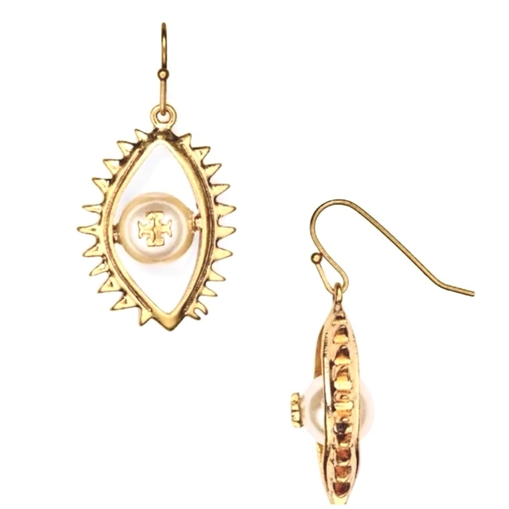 Tory Burch Gold Pearl Drop Logo Earrings - Picture 2 of 3